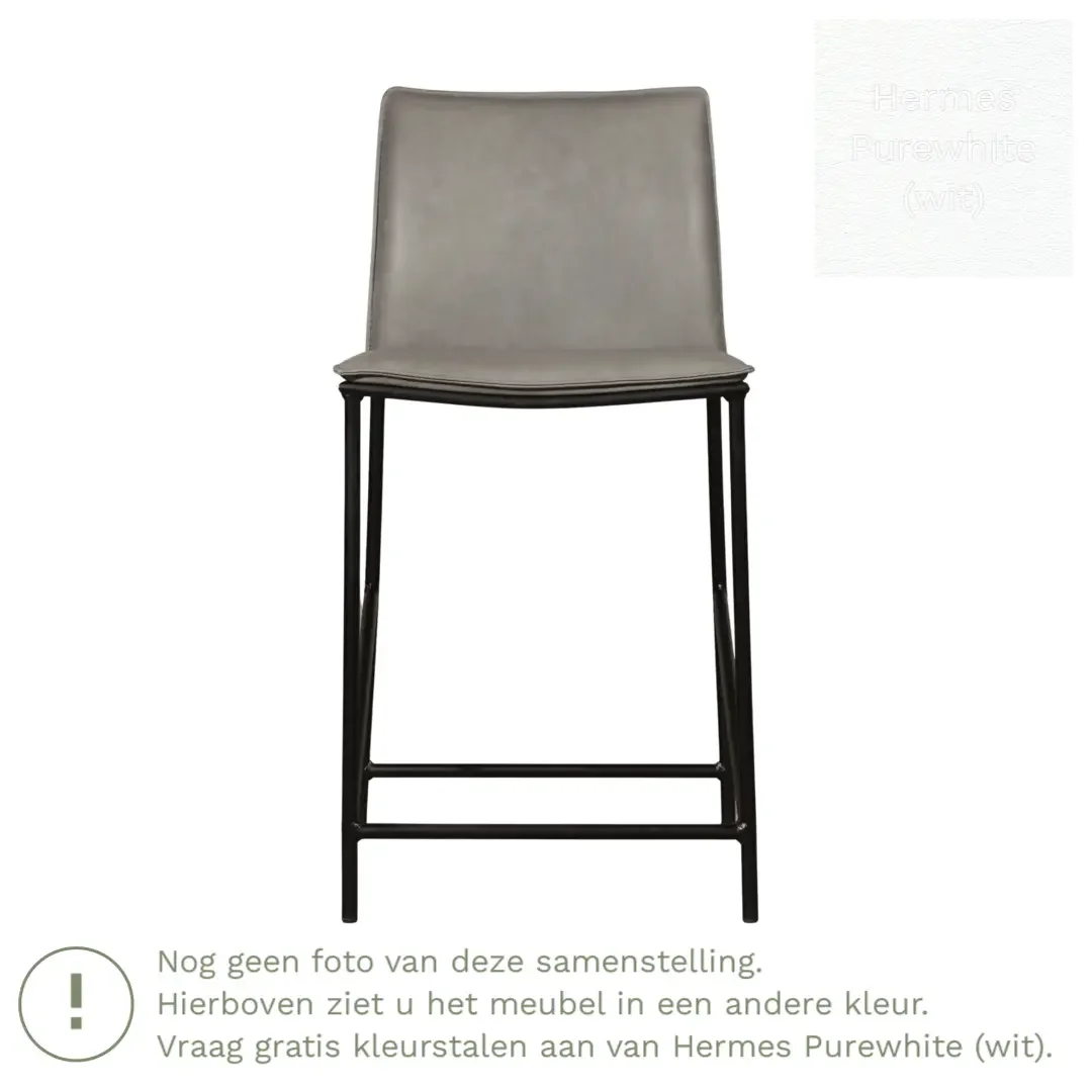 afbeelding van Leren barkruk laag Favor - Hermes Purewhite (wit) - poten staal rond zwart